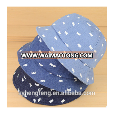 Children spring and autumn new style printing crown denim basin cap Korean baby outdoor windproof fisherman hat